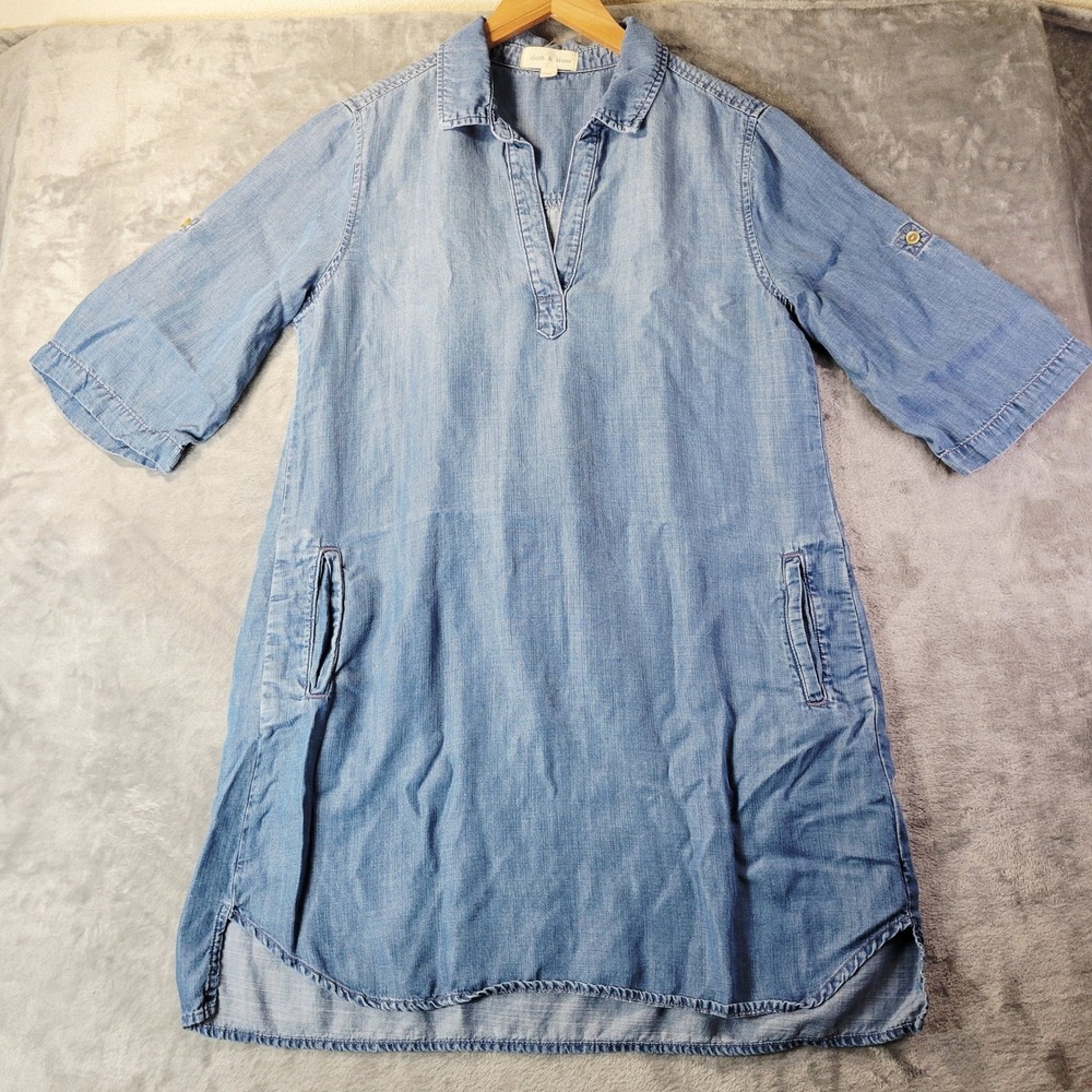 Cloth & Stone Anthro Blue‎ Tencel Lyocell Chambray Shift Dress Pockets Womens M